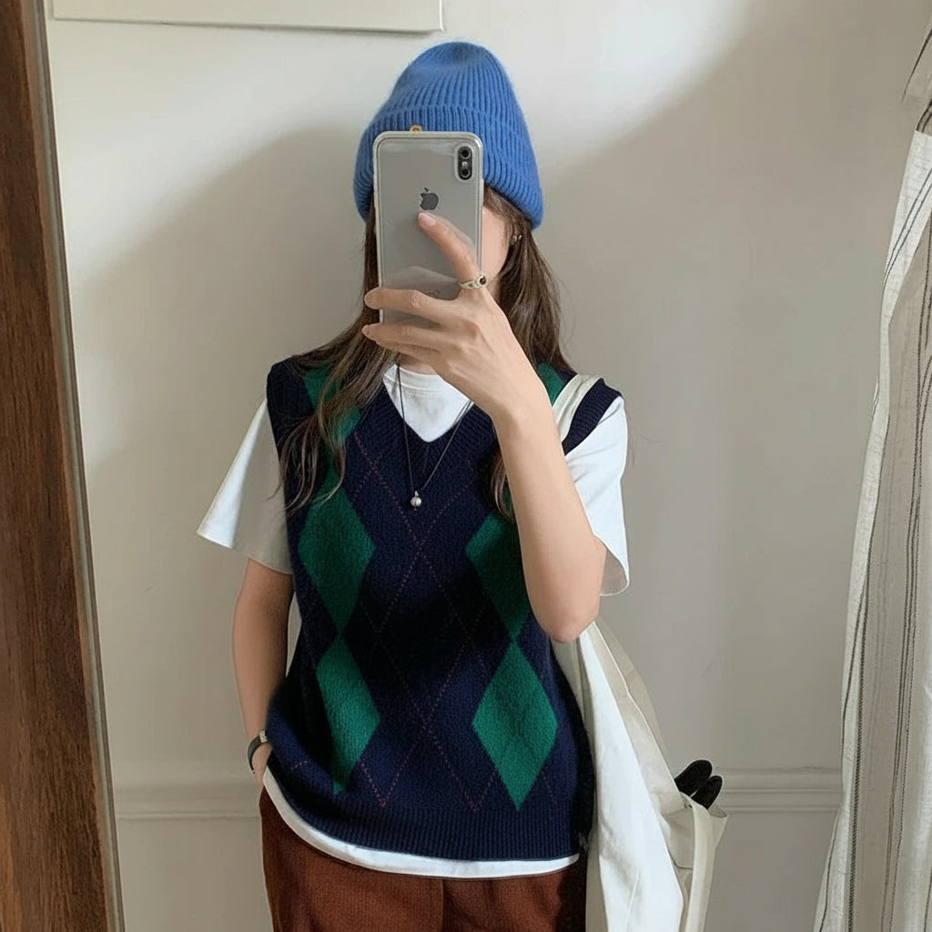Navy Blue:: Person wearing a navy and green argyle sweater vest with a blue beanie, taking a mirror selfie.