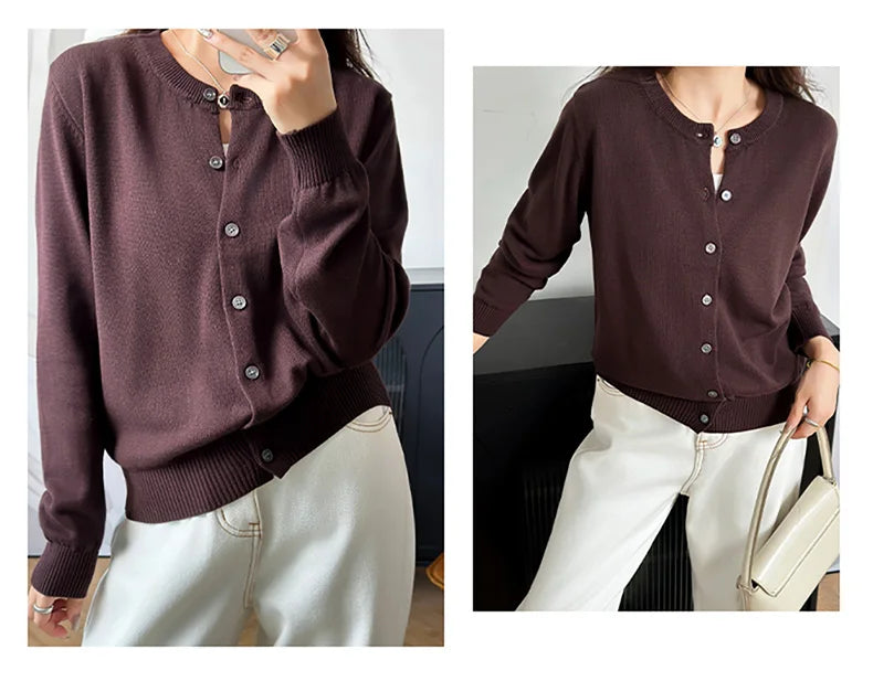 Coffee:: Two images of a person wearing a brown button-up cardigan with white pants.