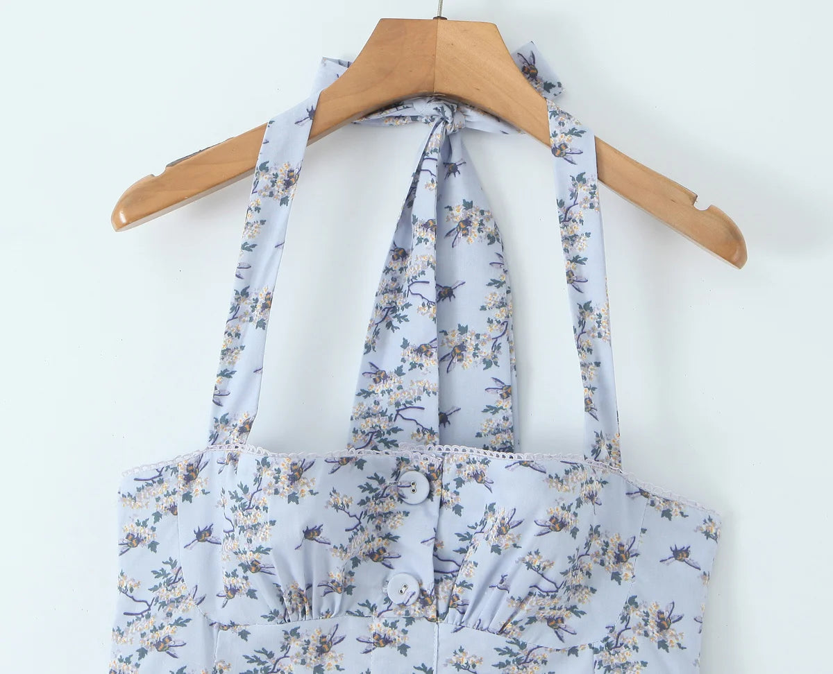 Floral Halter Backless A-Line Midi Dress