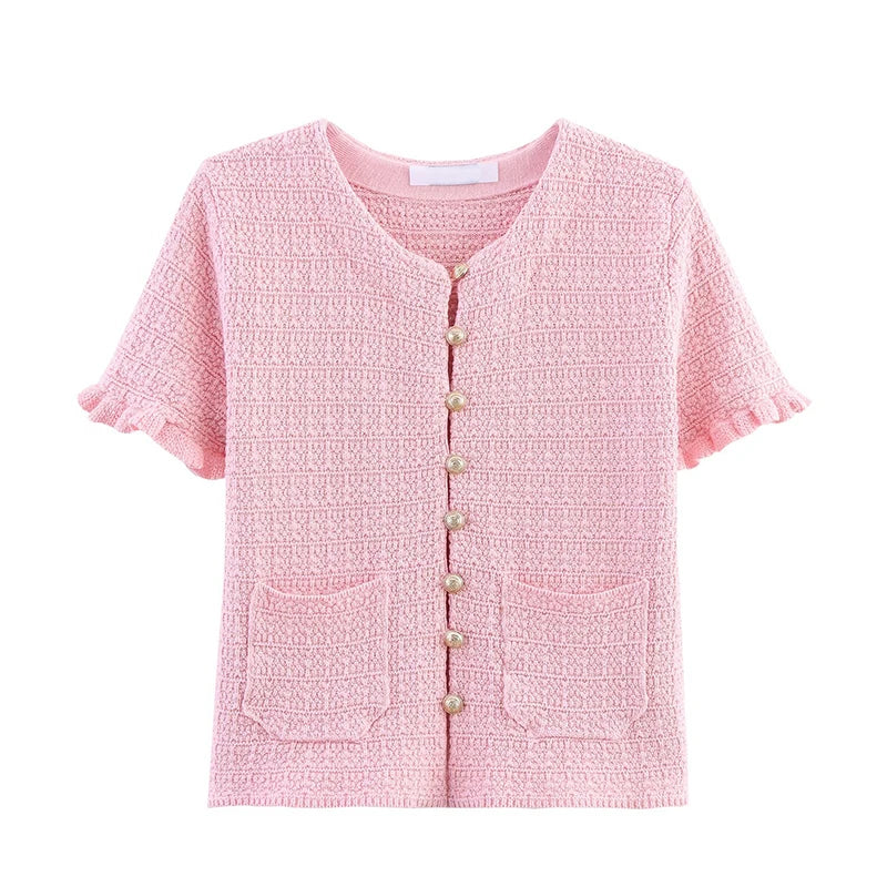 Short-Sleeve Knit Button Cardigan