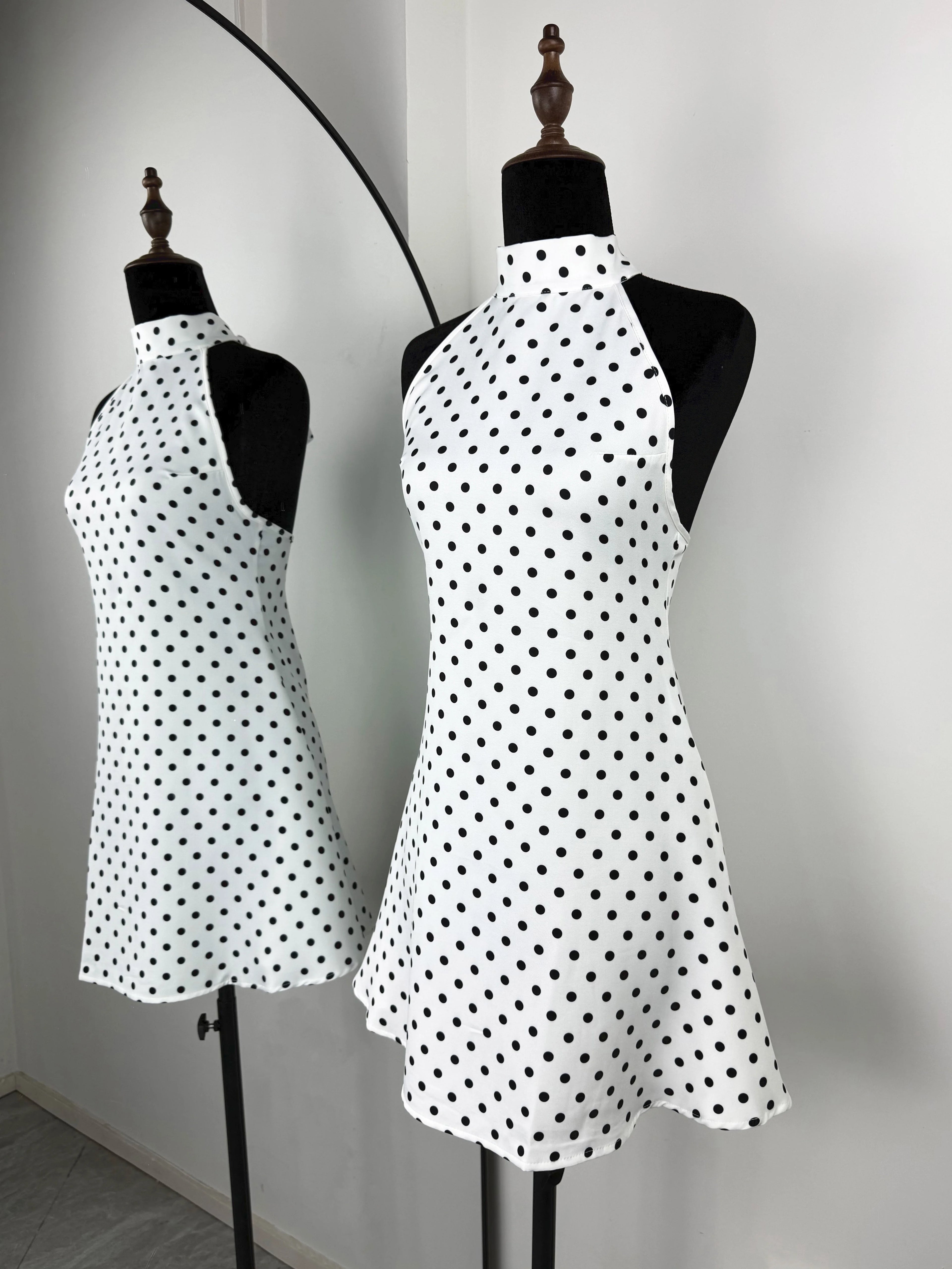 Polka Dot Off-Shoulder Backless Halter Mini Dress