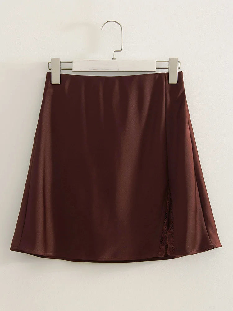 Lace Patchwork Satin Mini Skirt