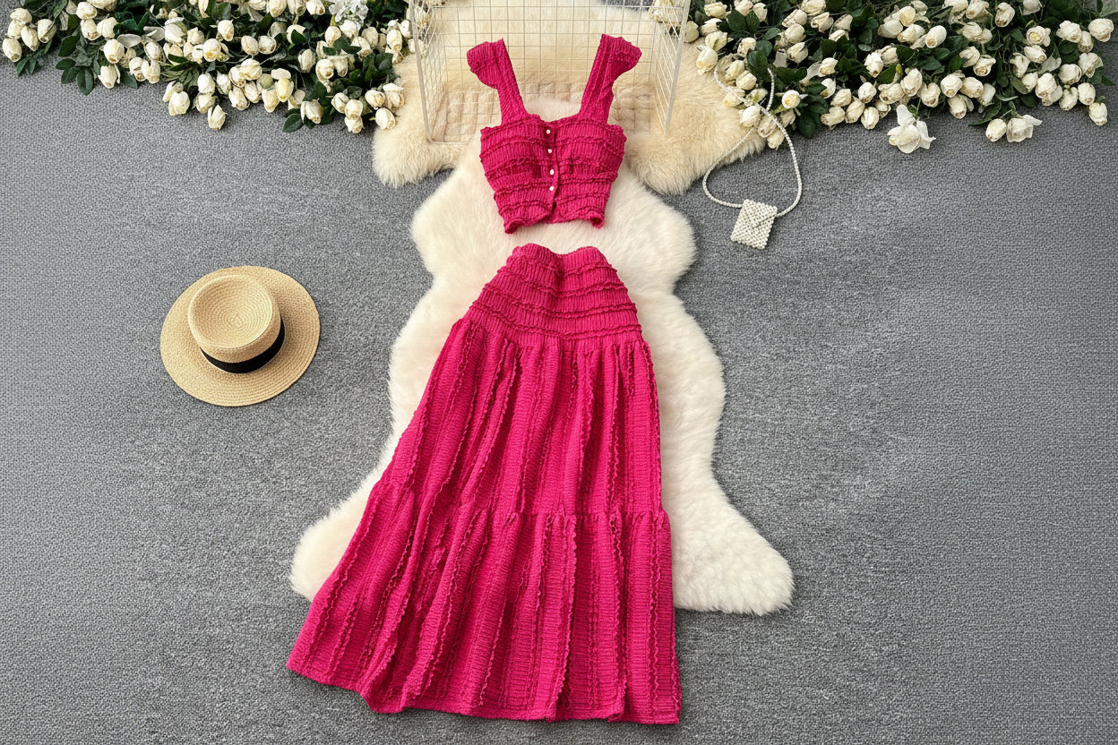 allvariants:: Pink crop top and skirt set on a white fur rug with a straw hat and flowers in the background.
