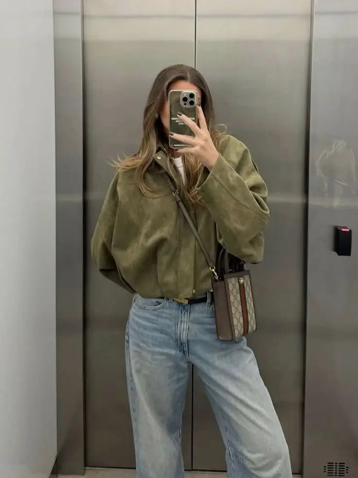 Suede-Textured Bomber Jacket with Lapel Collar