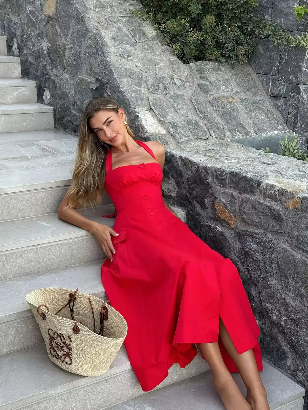 Floral Halter Backless A-Line Midi Dress