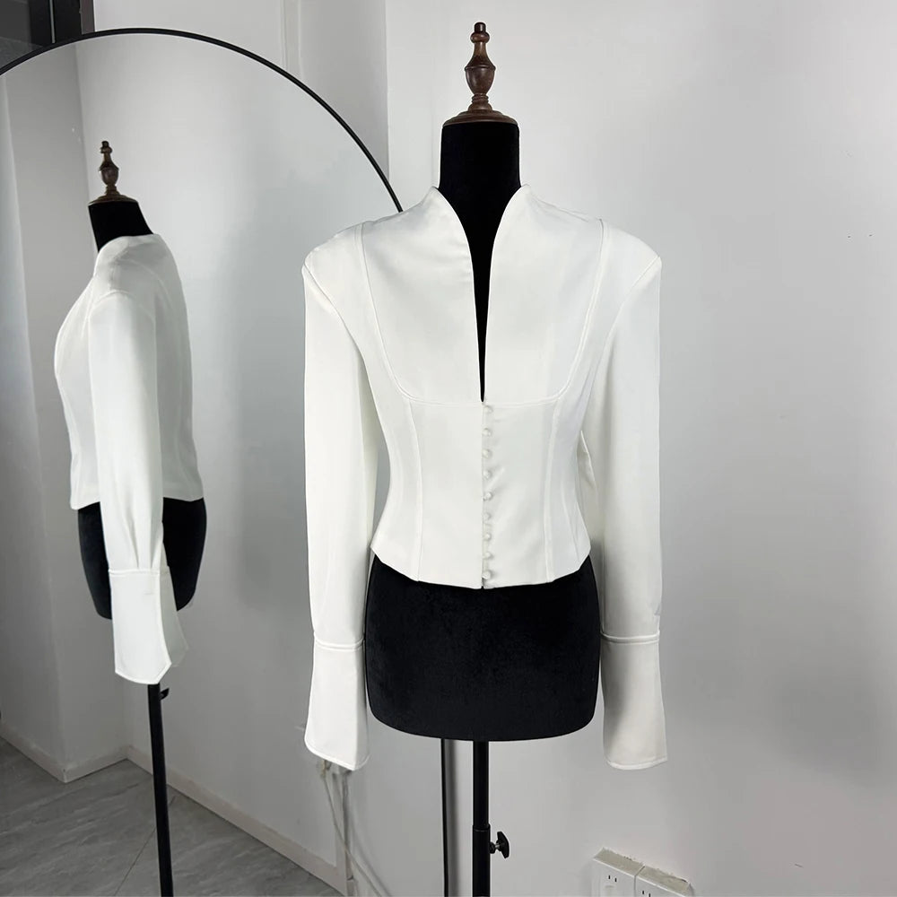 Slim V-Neck White Jacket