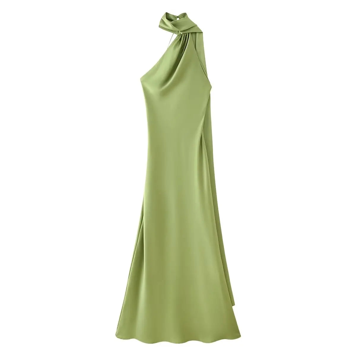 Green Satin Halter Backless Maxi Dress