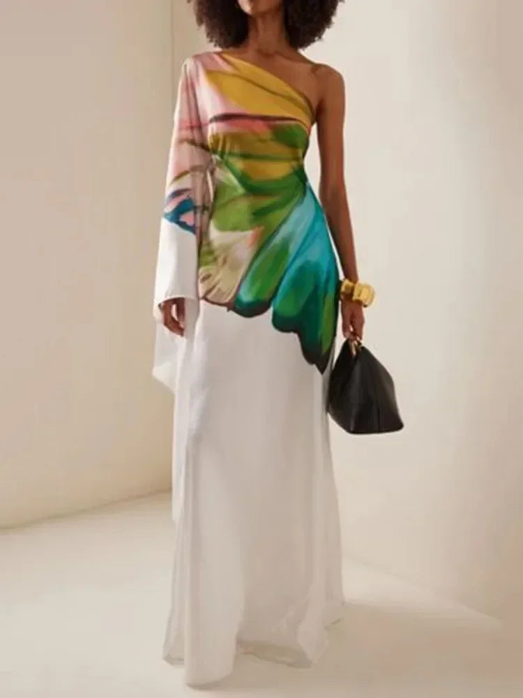 One-Shoulder Floral Asymmetric Maxi Dress