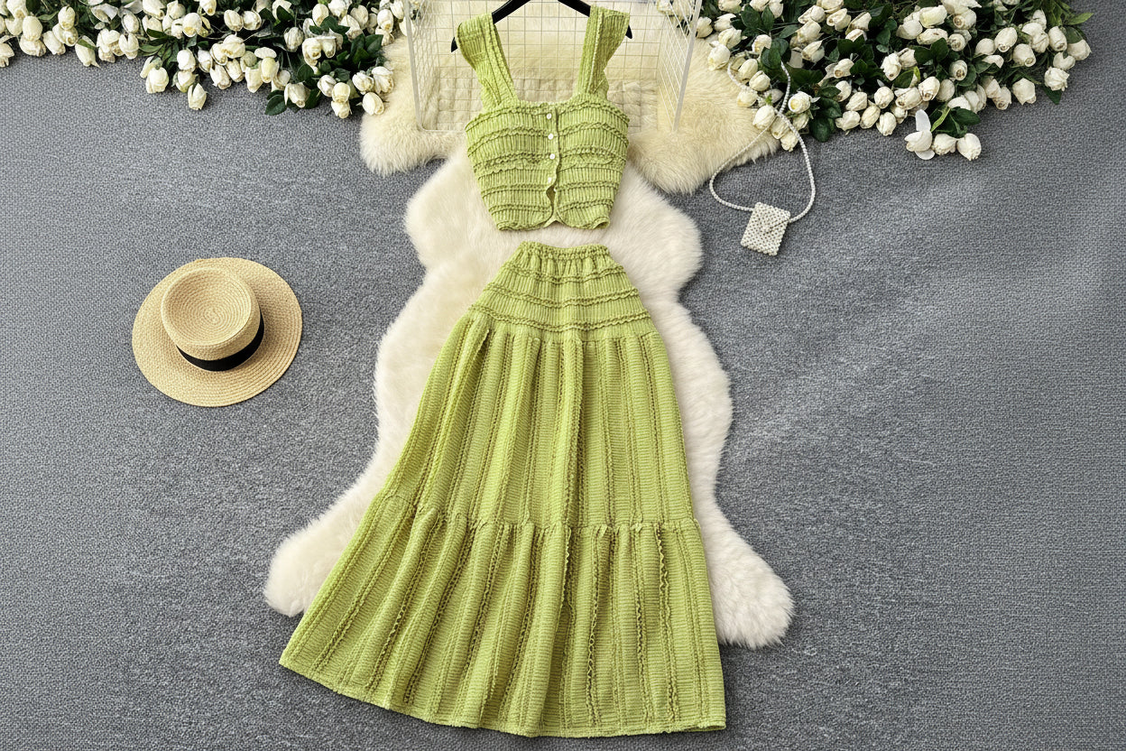 Women’s Casual Beach Two-Piece Set – Button-Front Camisole & A-Line Skirt