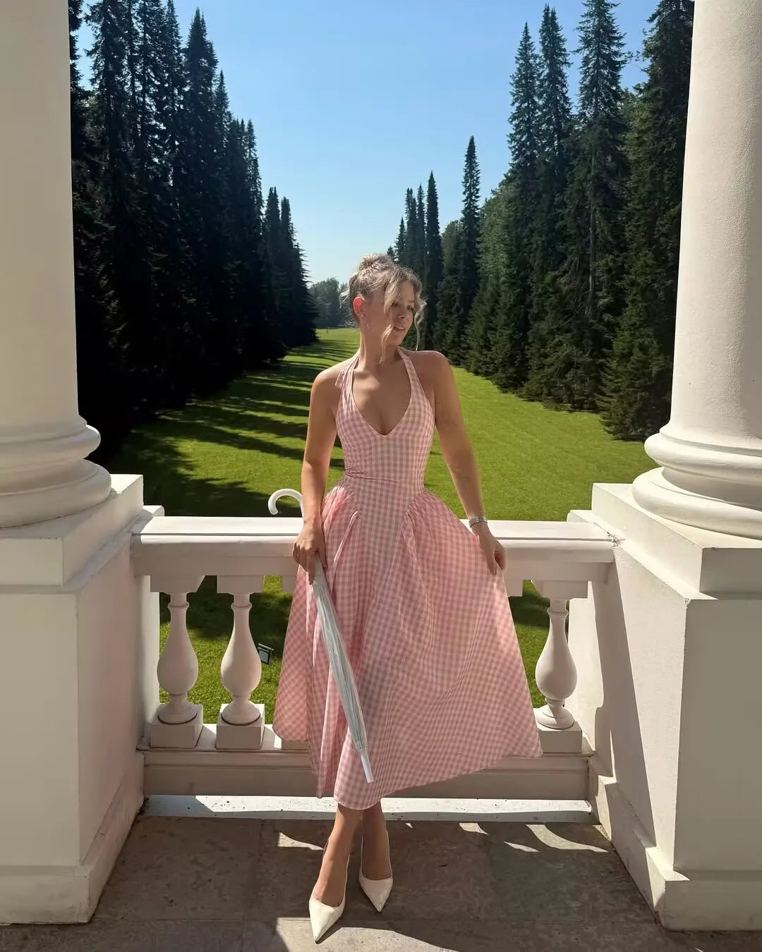 Pink Plaid Backless Halter Low-Waist Mini Dress