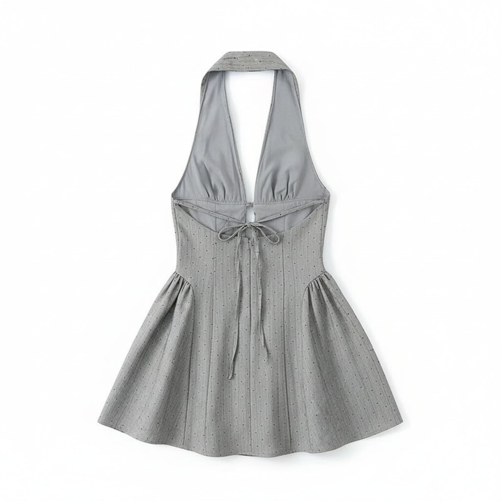 as picture:: Gray halter dress on a wooden hanger against a white background