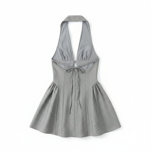 as picture:: Gray halter dress on a wooden hanger against a white background