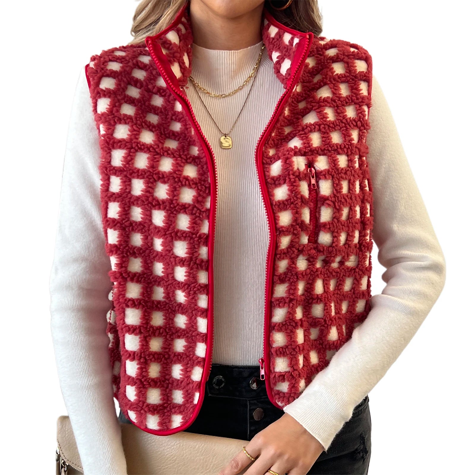 Women’s Fuzzy Checkered Zip-Up Vest