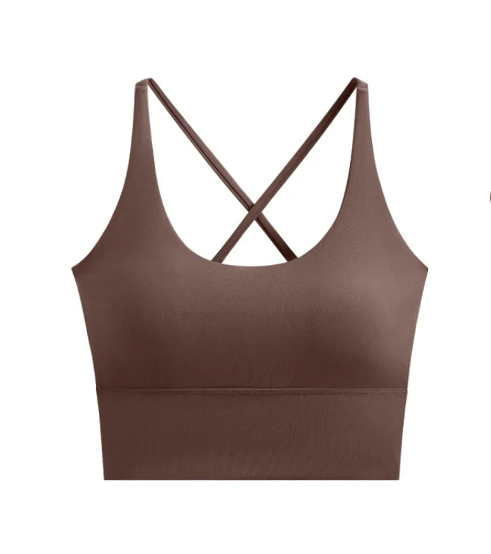 allvariants:: Brown sports bra with criss-cross straps on a white background