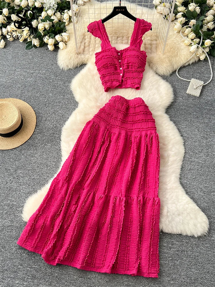 Women’s Casual Beach Two-Piece Set – Button-Front Camisole & A-Line Skirt