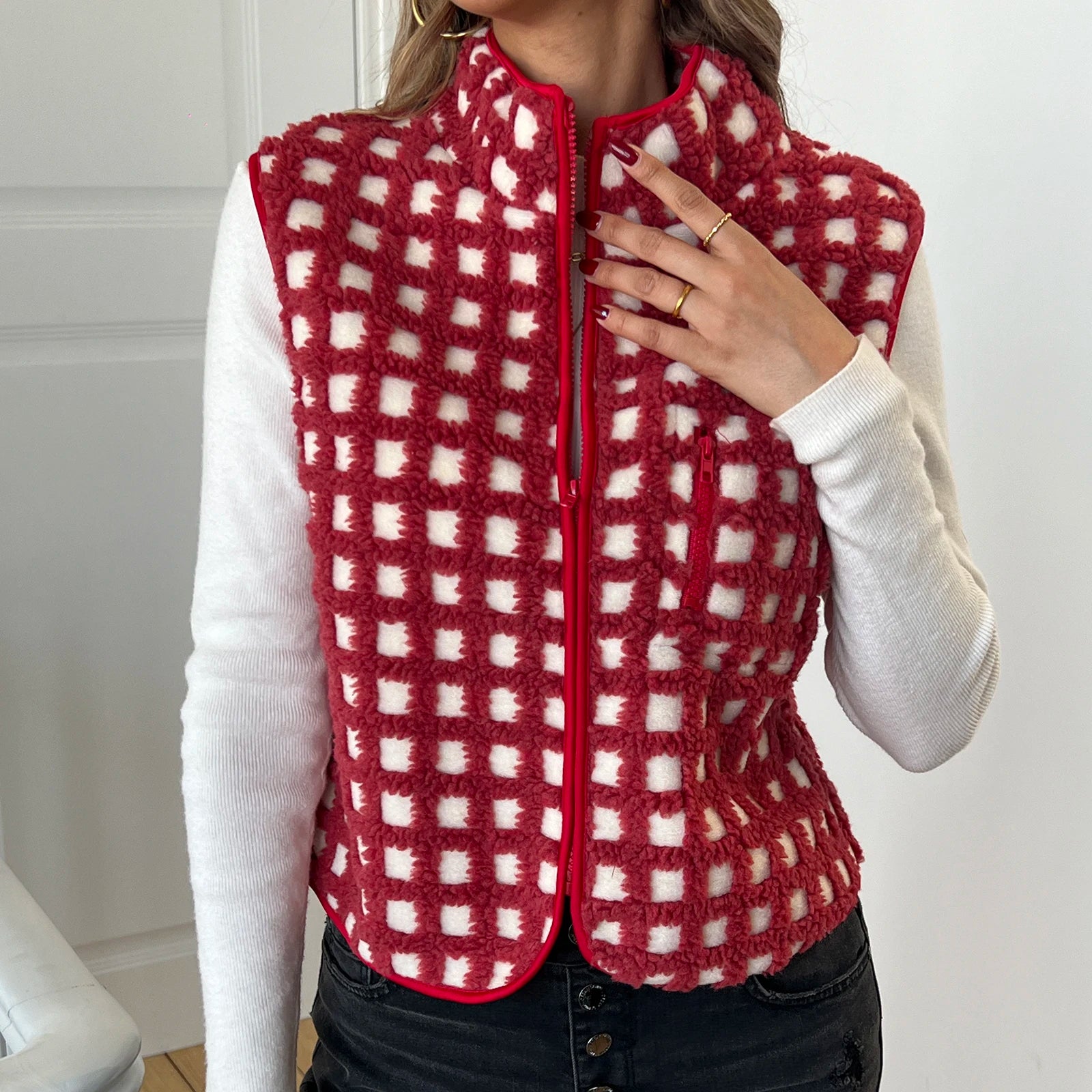 Women’s Fuzzy Checkered Zip-Up Vest