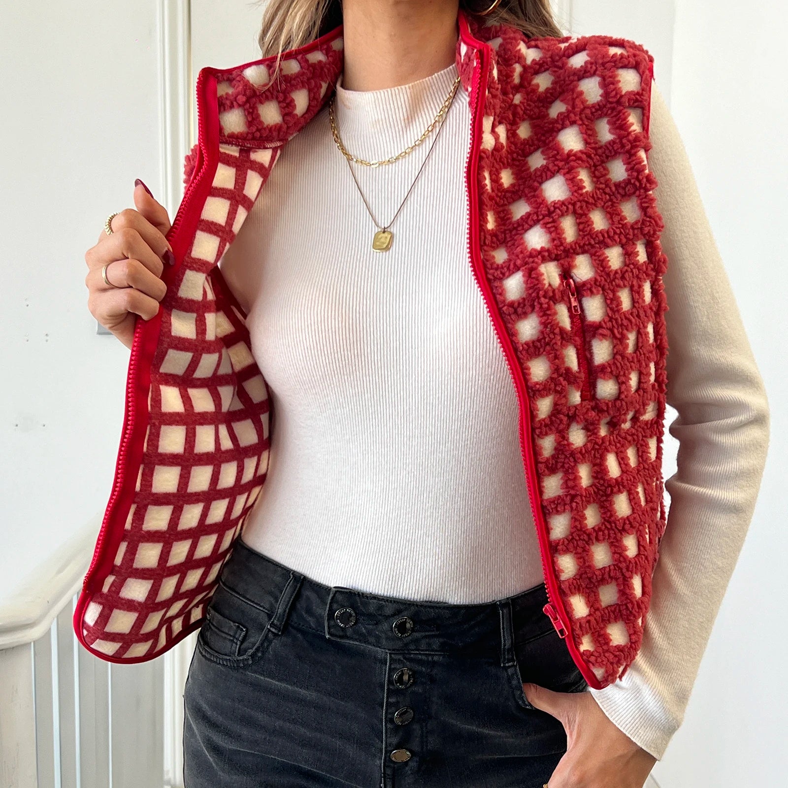 Women’s Fuzzy Checkered Zip-Up Vest
