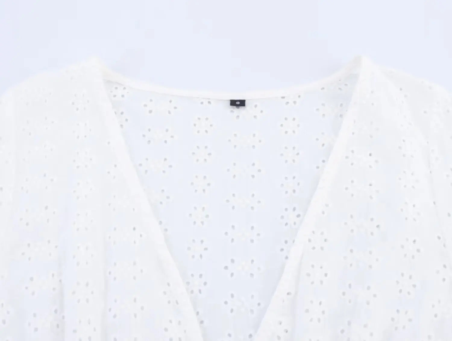 Openwork Embroidered White V-Neck Shirt