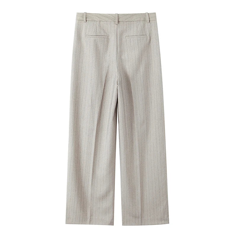 Beige::Beige striped pants on a white background