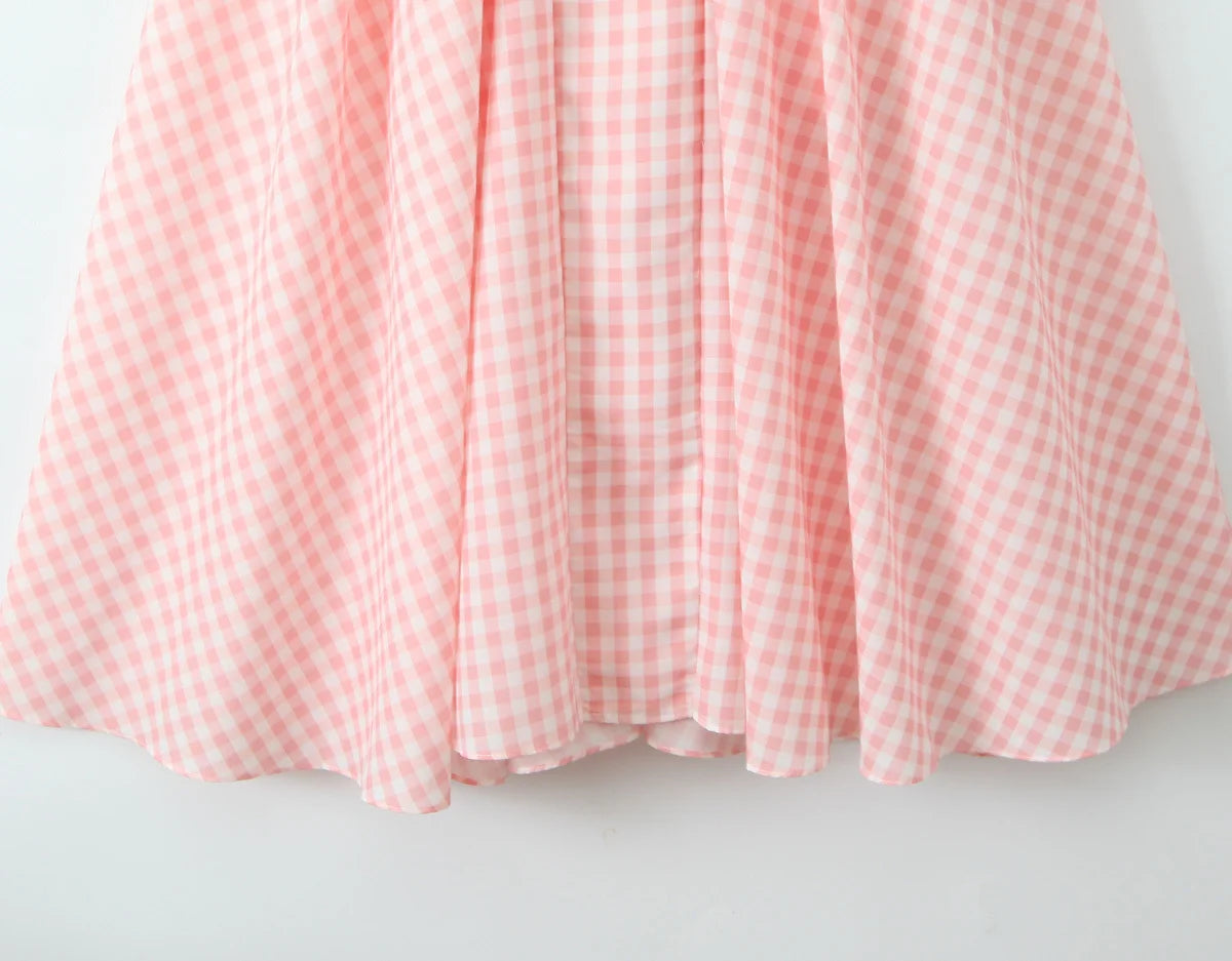 Pink Plaid Backless Halter Low-Waist Mini Dress