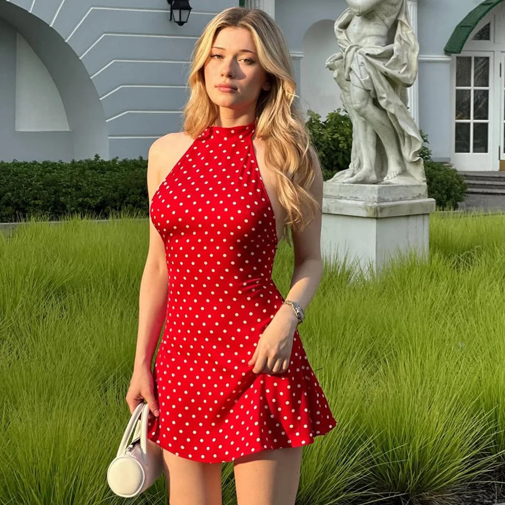Polka Dot Off-Shoulder Backless Halter Mini Dress