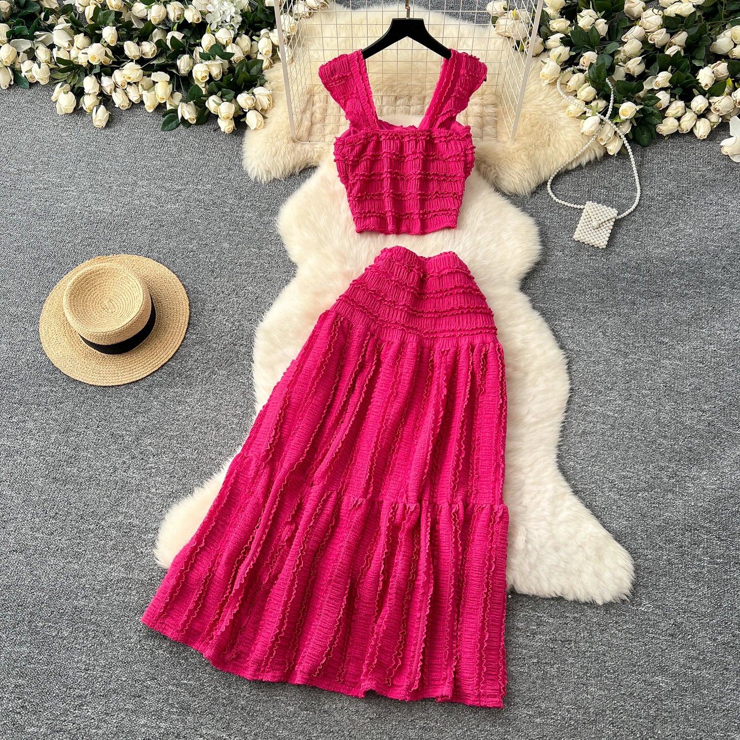 Women’s Casual Beach Two-Piece Set – Button-Front Camisole & A-Line Skirt