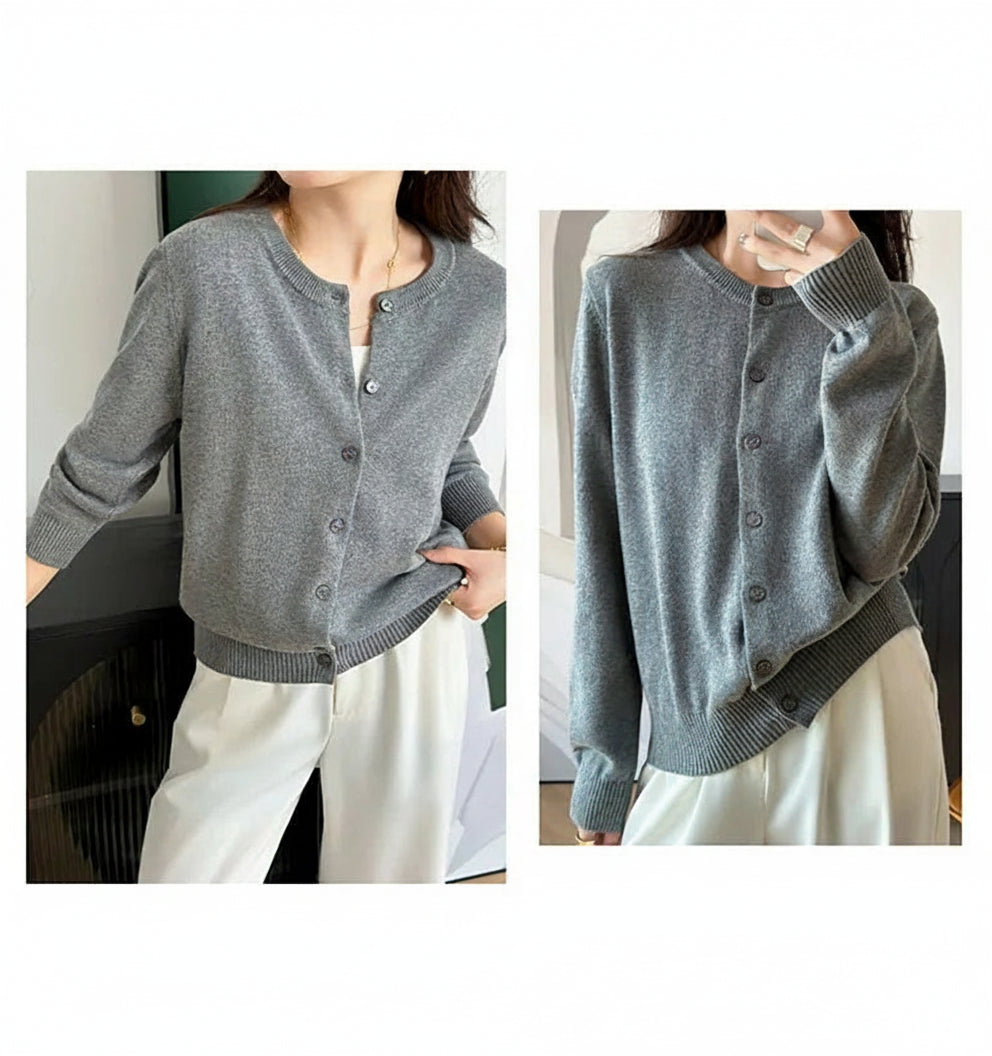 Grey:: Gray cardigan worn by a person with text on a white background