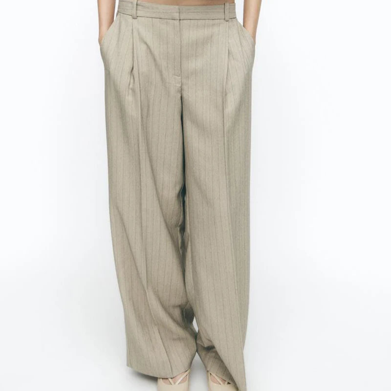 Beige::Beige pleated pants on a white background