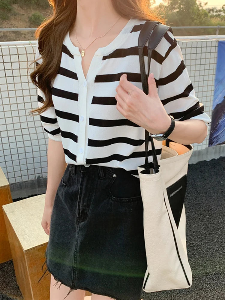 Striped V-Neck Cardigan