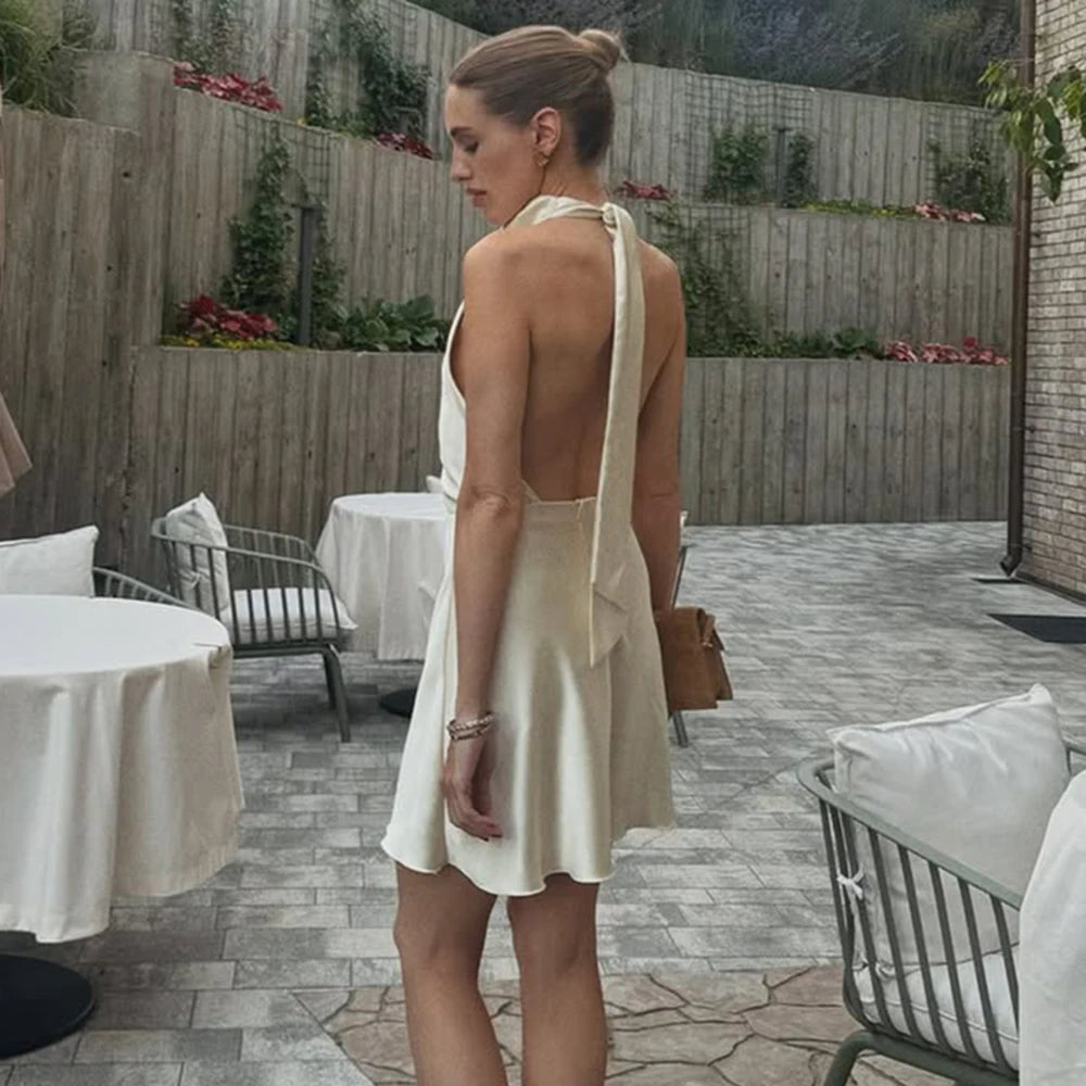 White Satin Backless A-Line Dress