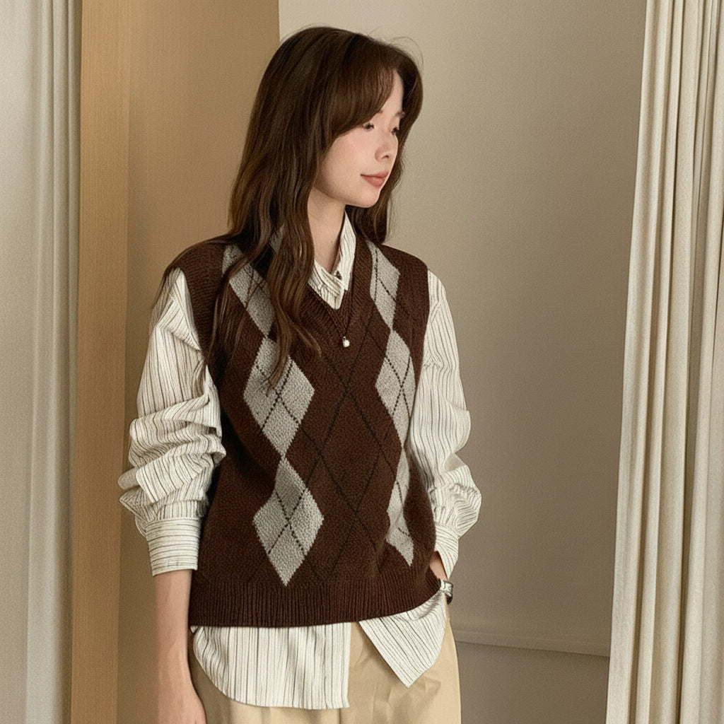 Coffee:: Woman wearing a brown argyle patterned vest over a white shirt in a neutral setting