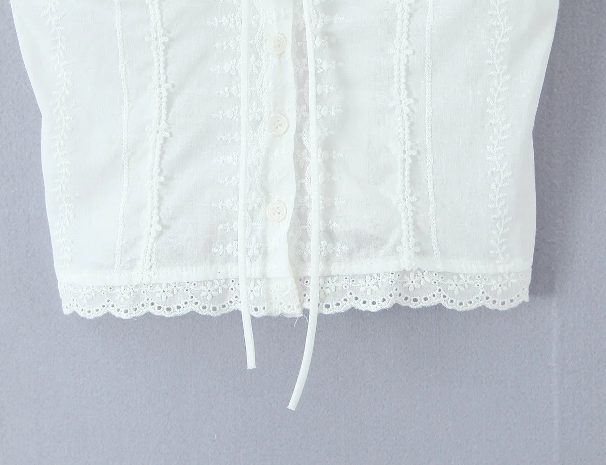 Floral Lace Spliced V-Neck Backless Tee