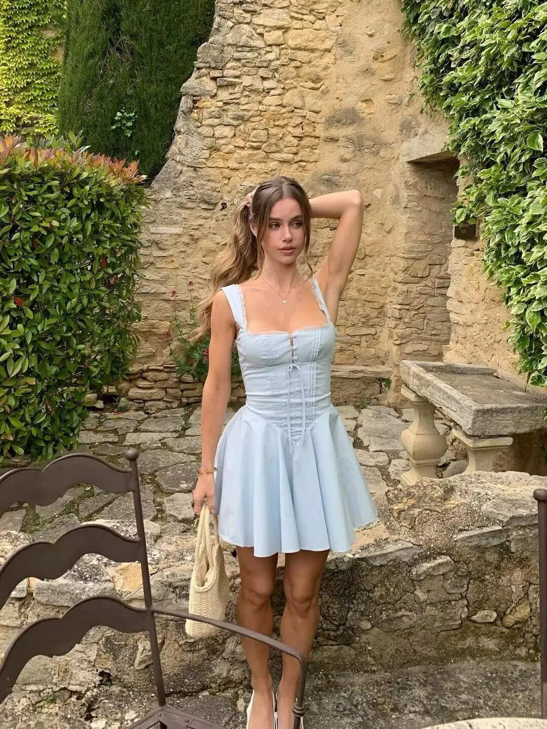 Blue A-Line Lace-Up Mini Dress