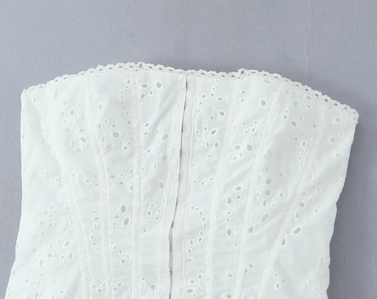 Hollow Out Embroidered Strapless Fit-and-Flare Mini Dress