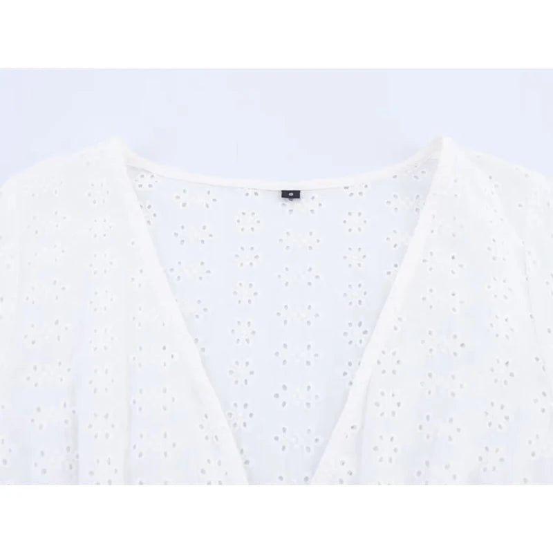 Openwork Embroidered White V-Neck Shirt