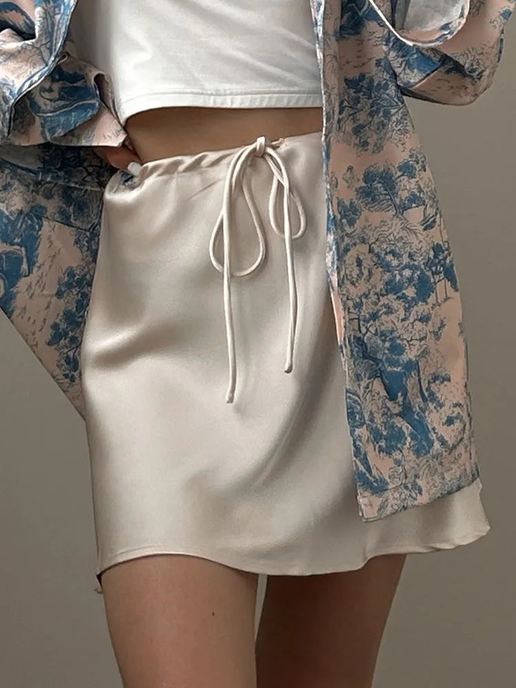 High Waist Drawstring Satin Mini Skirt Summer