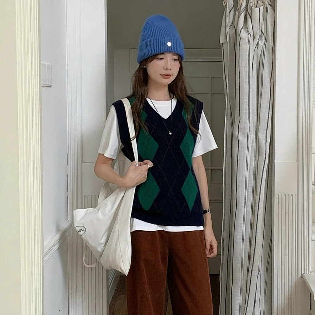 Navy Blue:: Person wearing a blue knit hat, green and black argyle sweater vest, white shirt, brown pants, and holding a beige bag.