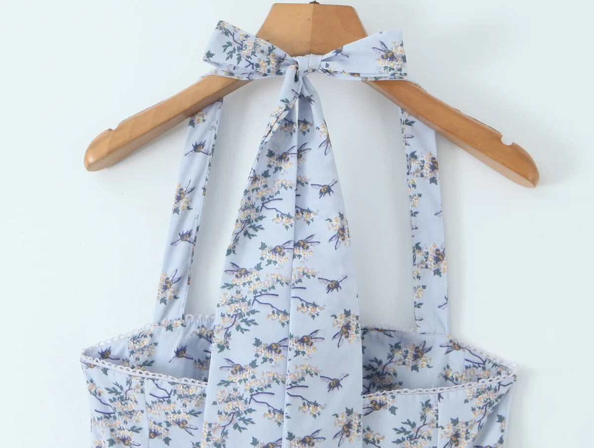 Floral Halter Backless A-Line Midi Dress