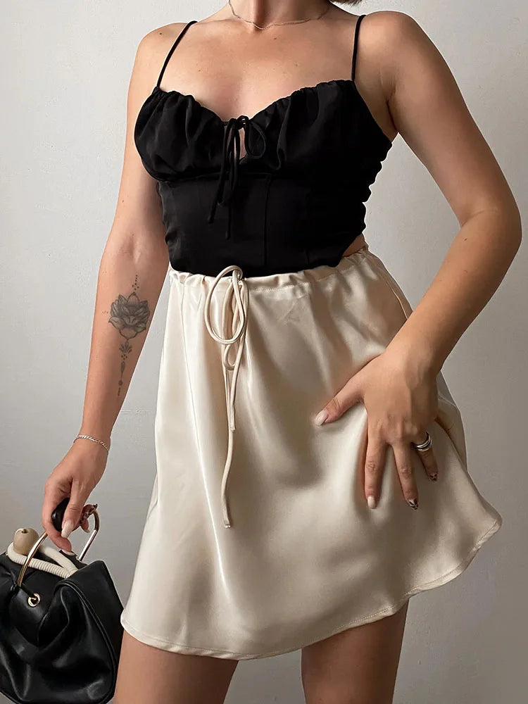 High Waist Drawstring Satin Mini Skirt Summer
