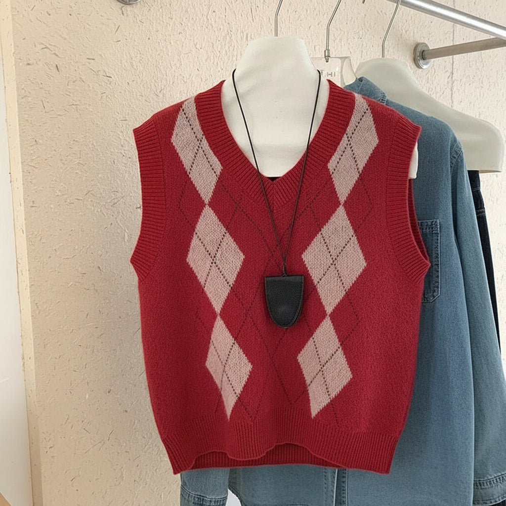 Wool O-Neck Diamond Knit Sweater