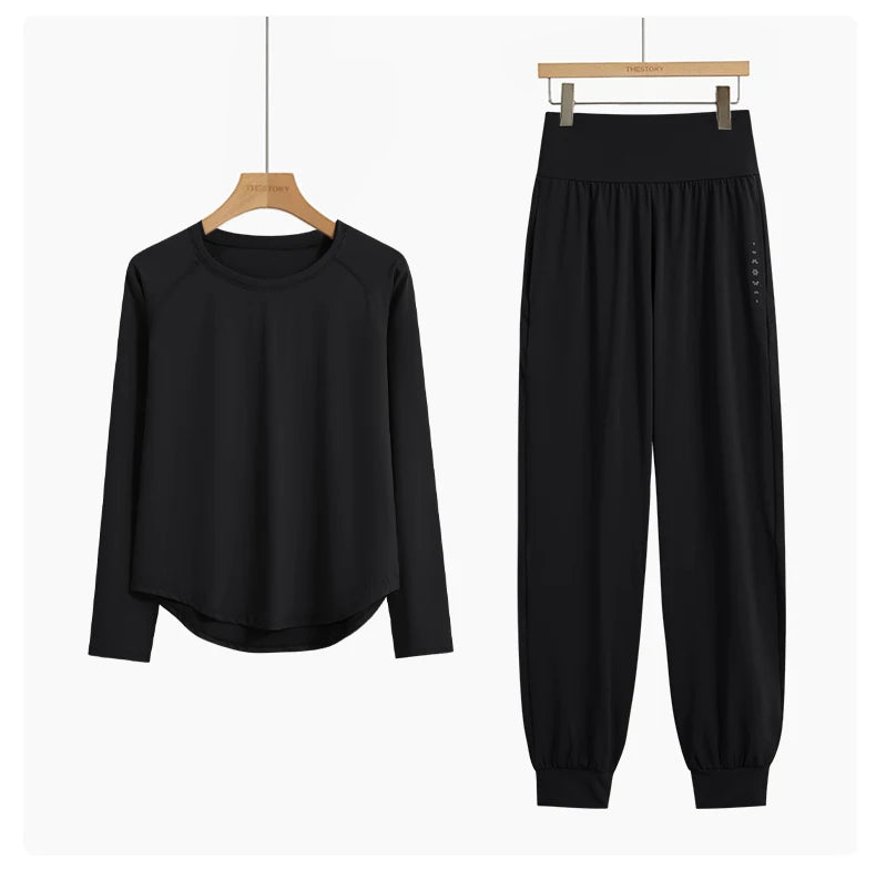 Two-Piece Yoga Set Long Sleeve Top & High Waist Pants