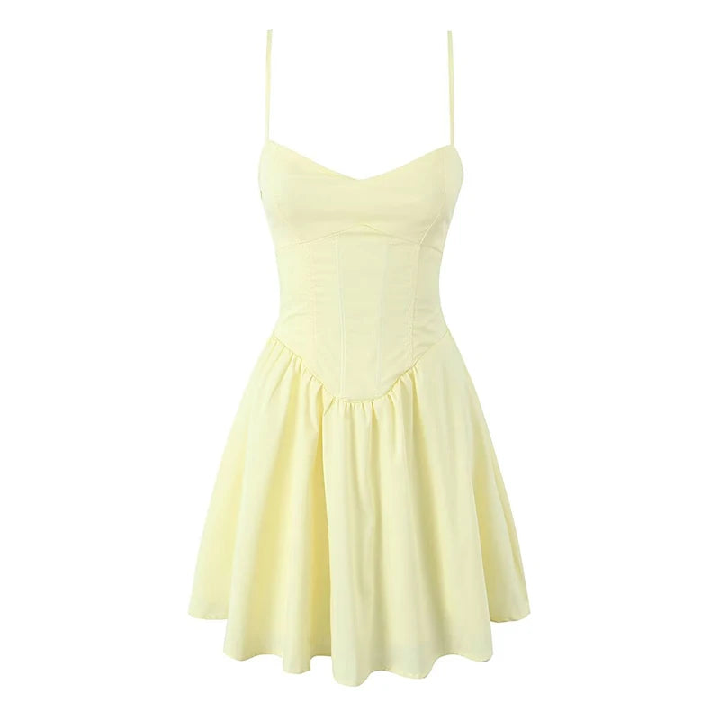 Yellow Fit-and-Flare Fishbone Waist Mini Dress