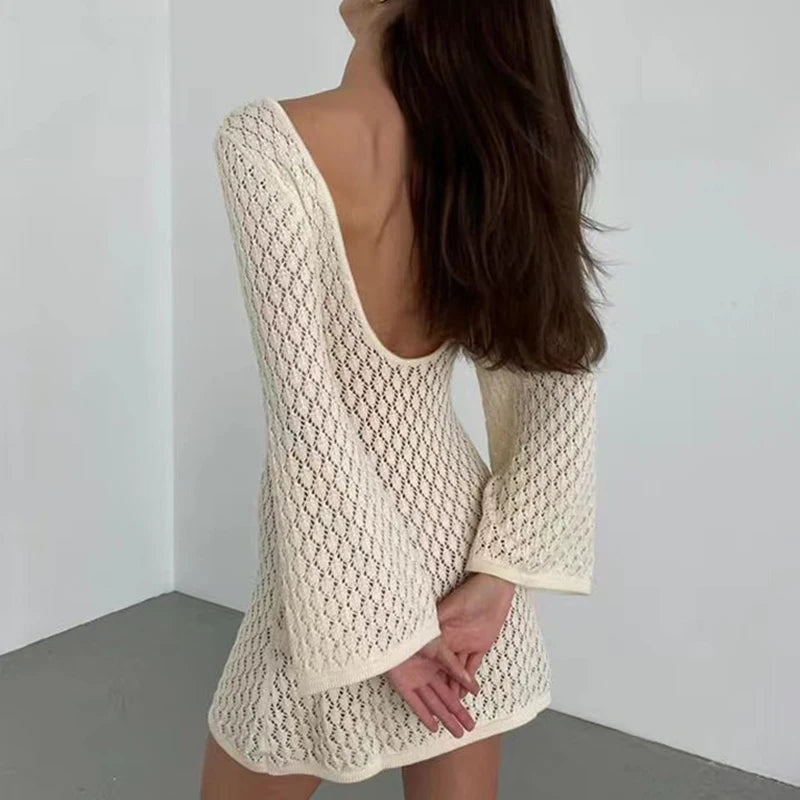 Hollow Knit Plaid Mini Dress