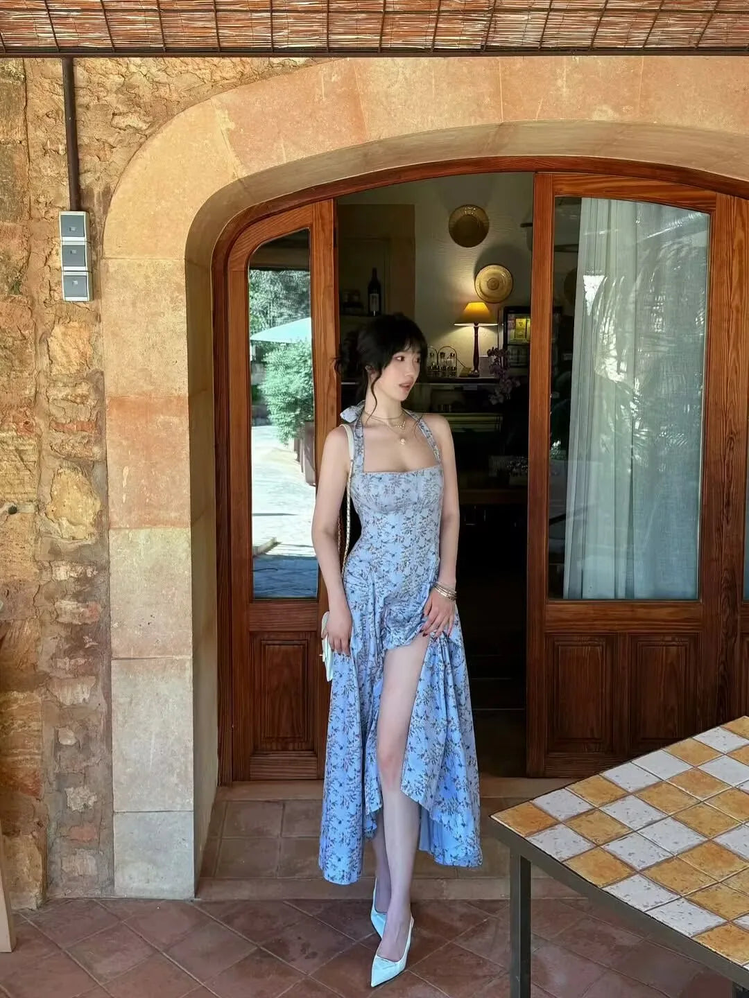 Floral Halter Backless A-Line Midi Dress