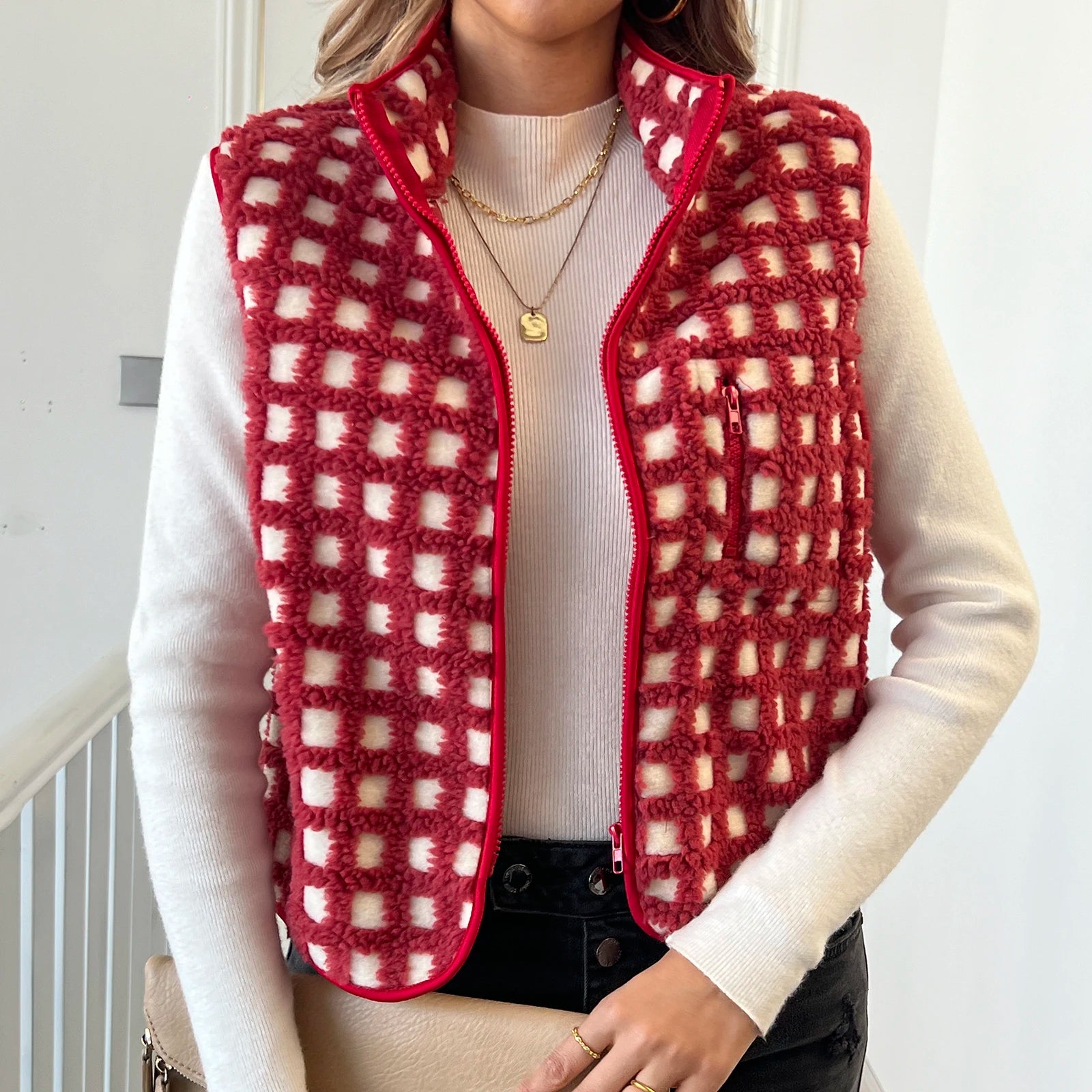 Women’s Fuzzy Checkered Zip-Up Vest