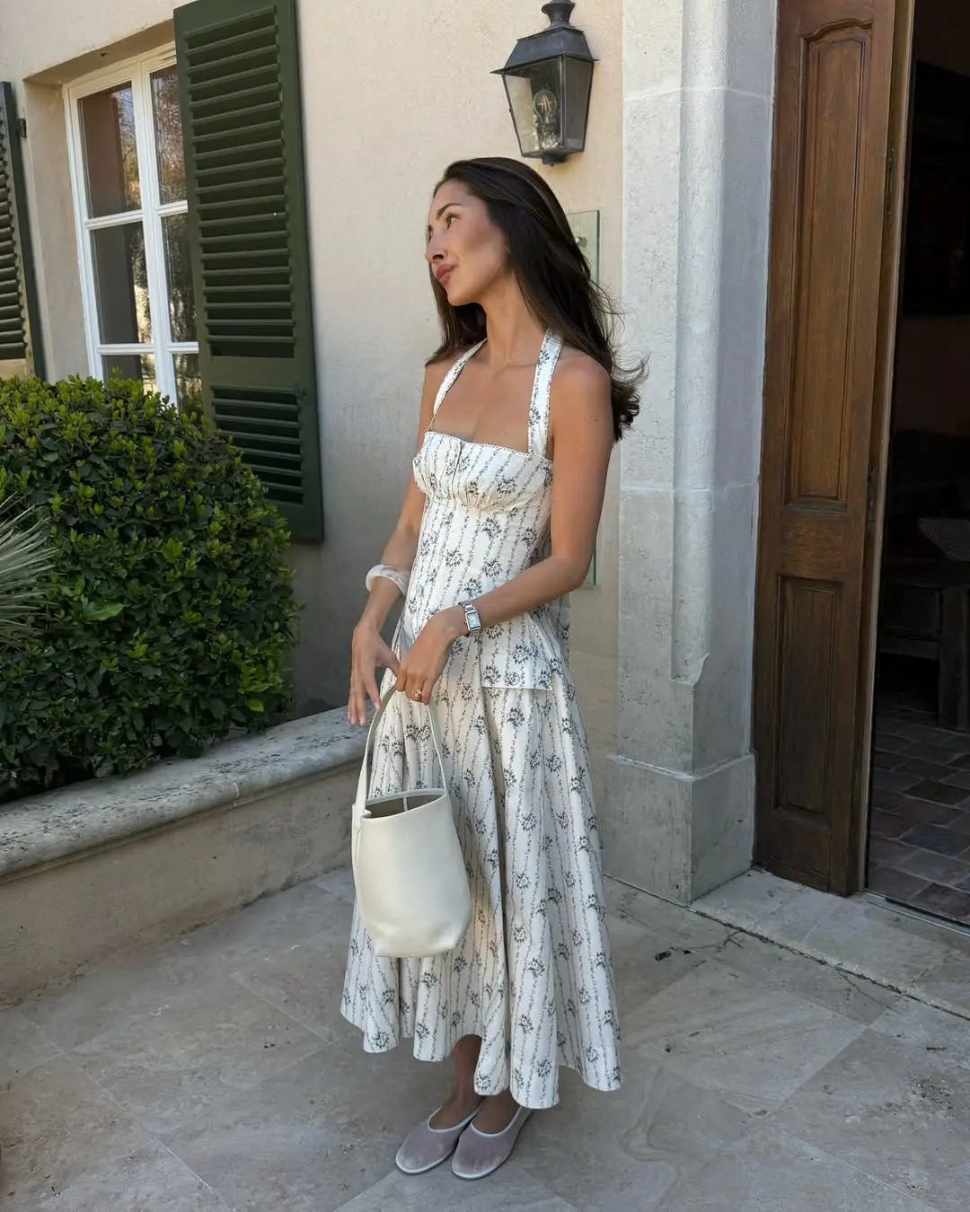 Floral Halter Backless A-Line Midi Dress