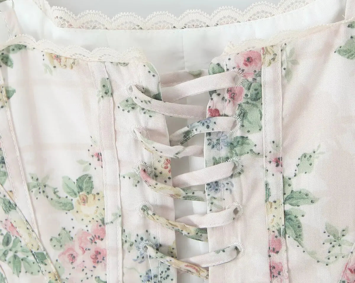 Floral Lace Spliced Bandage-Back Camisole Crop Top