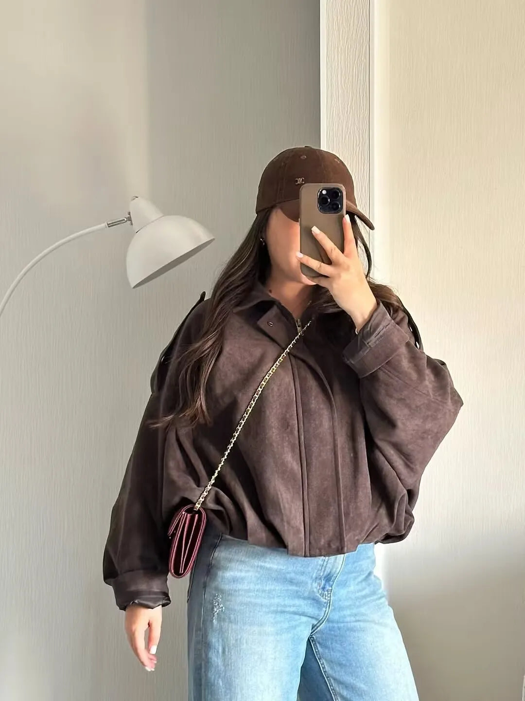 Suede-Textured Bomber Jacket with Lapel Collar