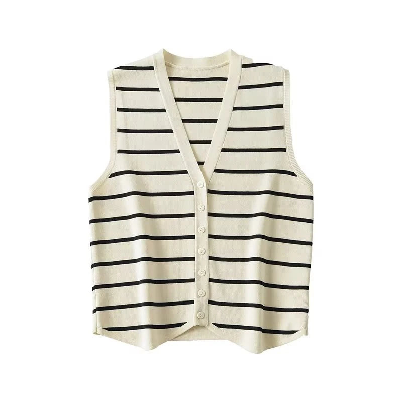 Striped Single-Breasted Sleeveless Tank Crop