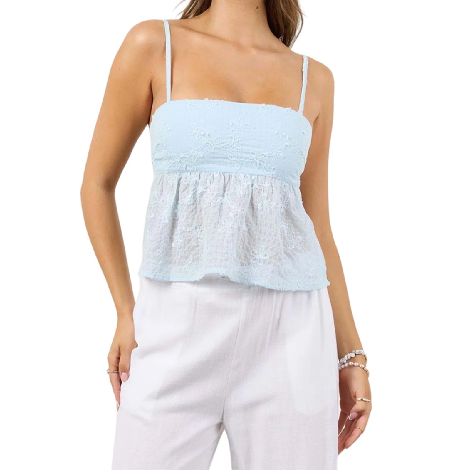 allvariants:: Light blue strapless top worn by a person on a white background